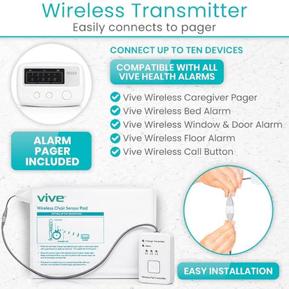 Vive Wireless Chair Alarm - Wheelchair Motion Sensor Kit for Elderly Dementia Patients - Weight Movement Pressure Pad Detector - Automatic Health Alert System for Mat Elderly