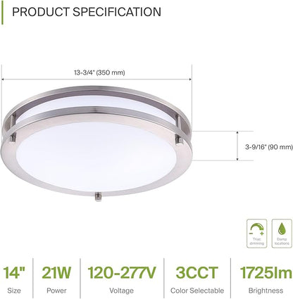 ASD LED 14" Round Flush Mount Lighting, Close to Ceiling Light Fixture | 3CCT, Dimmable, Energy Star, ETL Listed | 21W 1725LM 3000-5000K 100-277V | Low Profile Double Ring Lamp | Nickel, 4 Pack