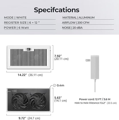 Quiet Register Booster Fan Fits 6" x 12" Register Holes, 10-Speed Smart Heating Cooling AC Vent Fan with Remote Control and Thermostat Control - White