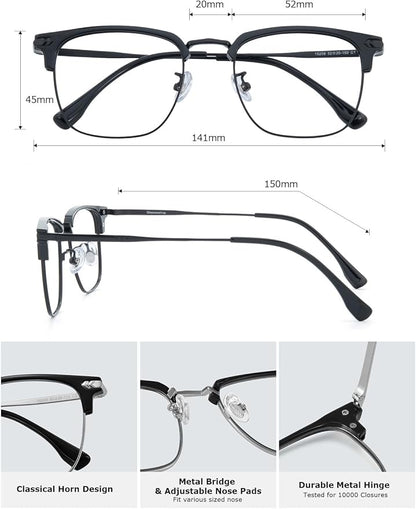 Blue Blocker Glasses for Men Metal Browline Computer Gaming Glasses With Blue Ray Filter (Gunmetal/Black TR90 Eyeglasses)