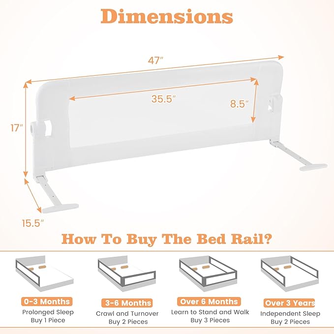 HONEY JOY Bed Rail for Toddlers, Extra Long, Foldable Portable Swing Down Safety Bed Guard Rail, Toddler Bed Rails for Crib, King Queen Full Twin Size Bed Mattress (White, 1 Pack, 47 Inch)