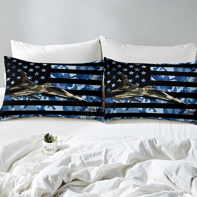 Manfei Airplane Sheet Set King Size, Army Camouflage Aircraft Bedding Set for Kid Boy Room Decor, Blue Camo American Flag Bed Sheet Set 4pcs with Deep Pocket Fitted Sheet + Flat Sheet + 2 Pillowcases