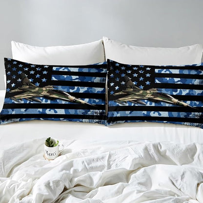 Manfei Airplane Sheet Set Queen Size, Army Camouflage Aircraft Bedding Set for Kid Boy Room Decor, Blue Camo American Flag Bed Sheet Set 4pcs with Deep Pocket Fitted Sheet + Flat Sheet + 2 Pillowcases