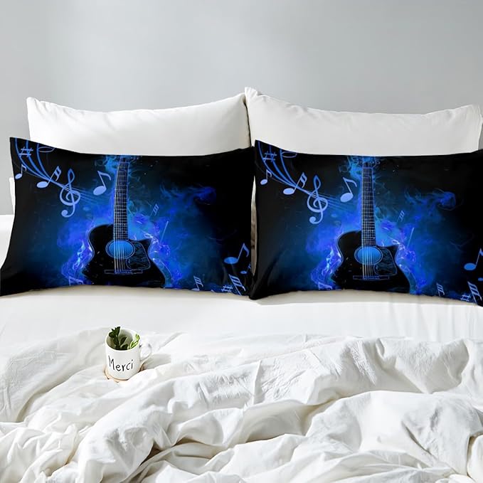 Electric Guitar Bed Sheet Set Twin Size,Rock Music Theme Guitar Musical Notes Sheet Set,Neon Blue Glowing Modern Artistic Bedding Set with 1 Flat & 1 Fitted Sheet with 1 Pillow Sham