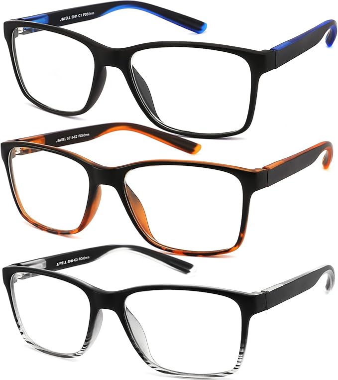 JJWELL 3 Pack Reading Glasses for Men Blue Light Blocking with Spring Hinge, Anti Eyestrain/Dryness/UV Large Wide Square Readers for Men, Two Tone Computer Reader Glasses Eyeglass(3.75 Strength)