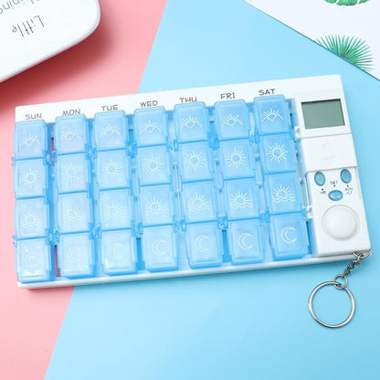 7 Day Timed Medicine Box with Alarm Reminder 28 Grids Compartments Removable Timer Backlight Weekly Pill Organizer for Vitamins and Pills 7.48 * 4.13 * 0.98inch
