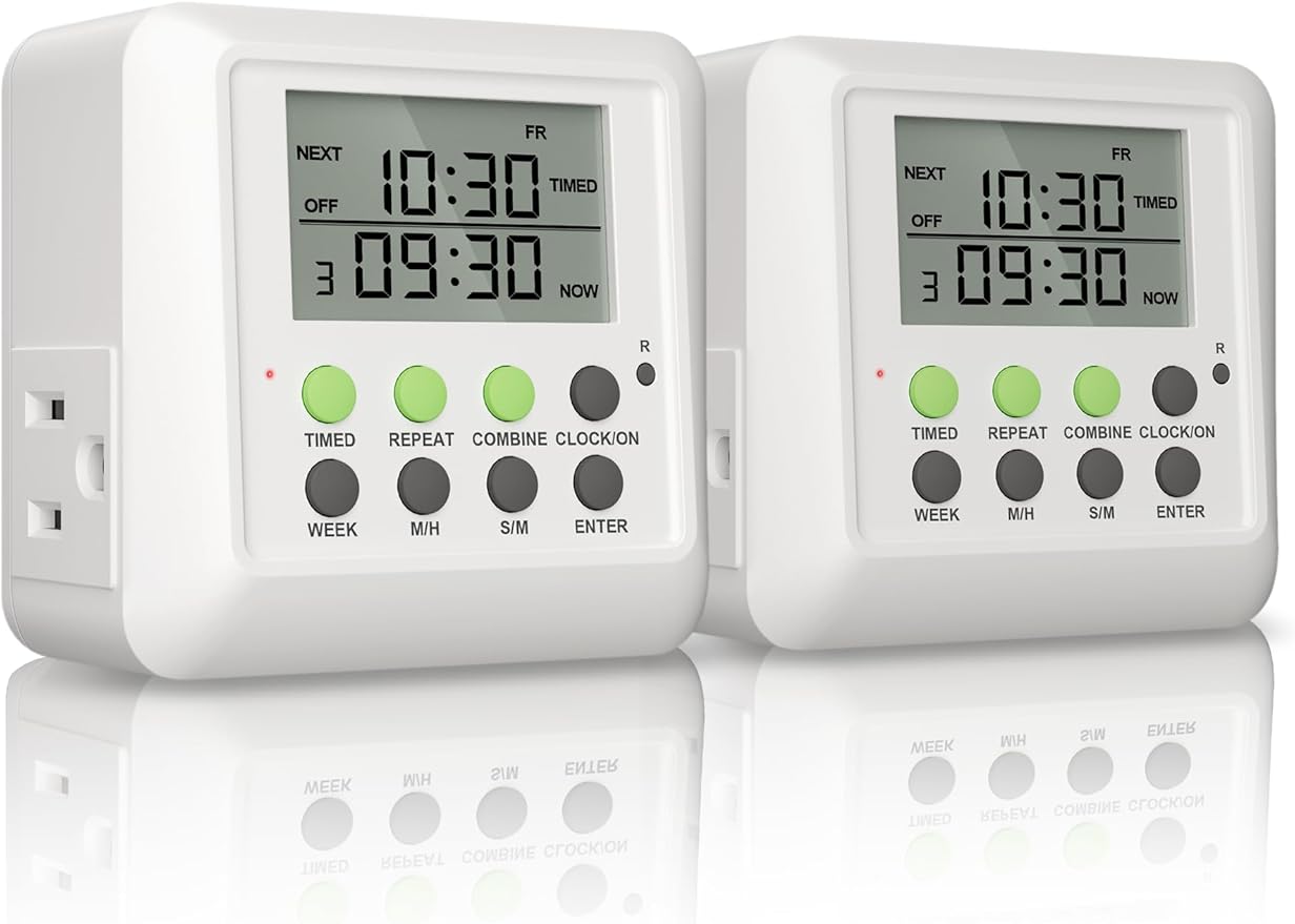 2 x NOVKIT 3-in-1 Dual Outlet Timer Plug with Interval Cycle for Indoor, 7 Day 24 Hour Programmable Digital Repeat Timer Switch(15A, 1875W)