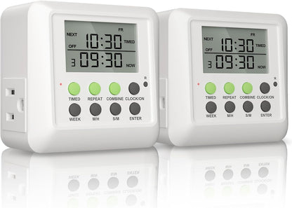 2 x NOVKIT 3-in-1 Dual Outlet Timer Plug with Interval Cycle for Indoor, 7 Day 24 Hour Programmable Digital Repeat Timer Switch(15A, 1875W)