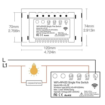 MOES Touch Wall Single Live Wire Smart Switch, No Neutral Wire Needed, 2.4GHz WiFi RF433 Light Switch Works with Smart Life/Tuya App, Alexa and Google Home, Single Pole Black 2 Gang Include Capacitor