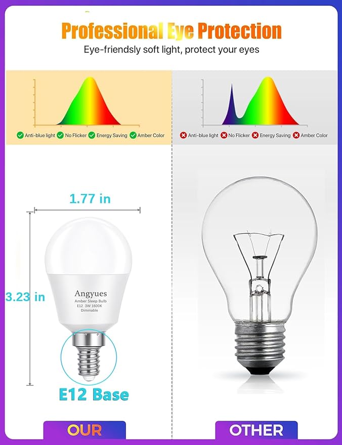 E12 Small Candelabra Base Amber Sleep Light Bulb Dimmable，1600K Blue Light Blocking, A15 Warm Night Light Bulbs 25W 40W Equivalent, 3W 300LM Dim Lamp Bulbs for Healthy Sleep, Bedroom 6Pack