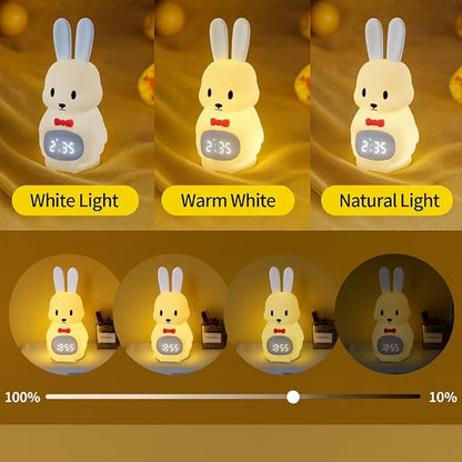 Sleep Trainer Clock for Toddlers with Color Light Cues, Bunny Alarm Clock with Night Light & Sunrise Wake Up, 12 Sounds, App Control, Rechargeable Silicone Nursery Lamp