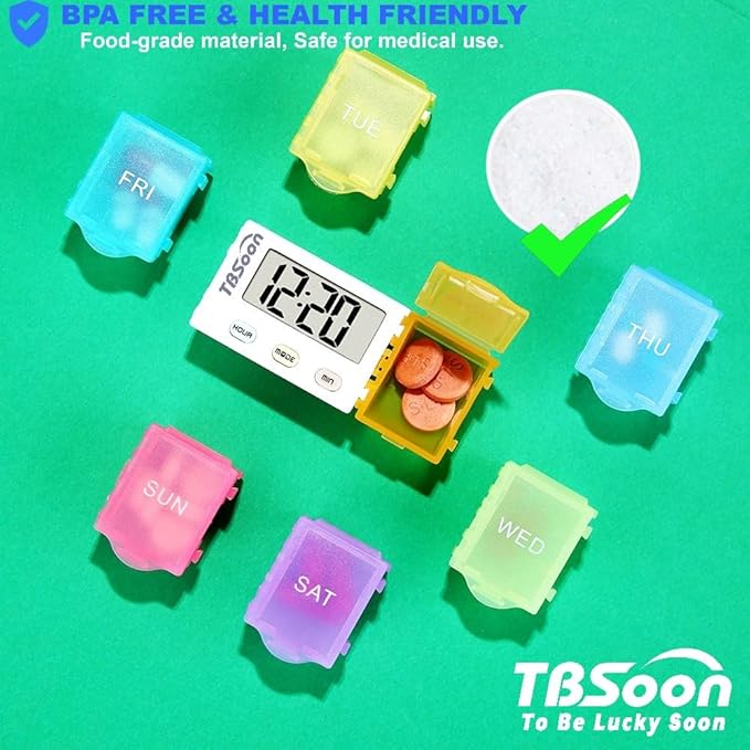 [4 in 1] 7 Day Medicine Pill Organizer+5 Reminder Alarms+Timer+Clock,Large Compartment,Loud Sound,Large Screen,Moisture-Proof,Dust-Proof,Travel Weekly/Daily Pill Box/Organizer/Case/Container/Dispenser