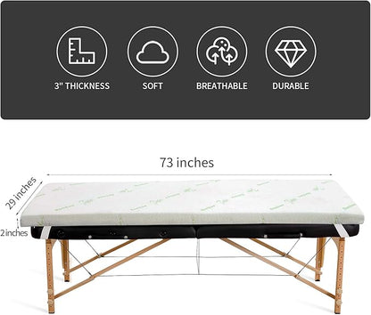 HOMBYS Memory Foam Massage Bed Mattress Topper with Cooling Rayon Derived from Bamboo Cover, Lash Bed Table Mattress Topper with Elastic Bands, Cushion Only, White, 73" x 29"