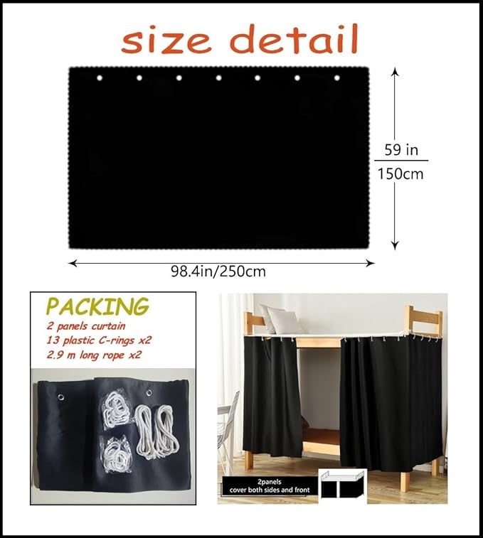 Full Size Bunk Bed Blackout Curtains Heavy-Duty for Bottom Men Women Teens, Black, 2 Panels, 59in Height