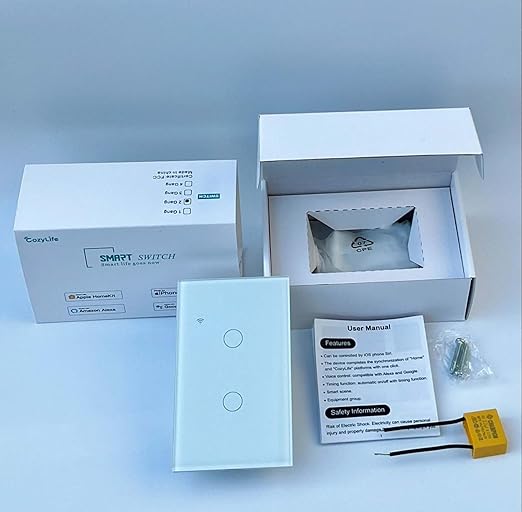 Smart Light Switch, Wi-Fi Enabled, White Glass Panel, Compatible with Apple HomeKit, Google Assistant, Alexa, No Neutral Wire Required, Touch Control (Wall Switch 2 Gang)