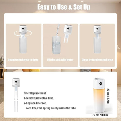 Portable Mini Humidifier, 500ml Rechargeable Dual Mist, Auto Timer & Dry-Burn Protection, with Night Light, for Bedroom Office AC Room Plants Car Travel (White)