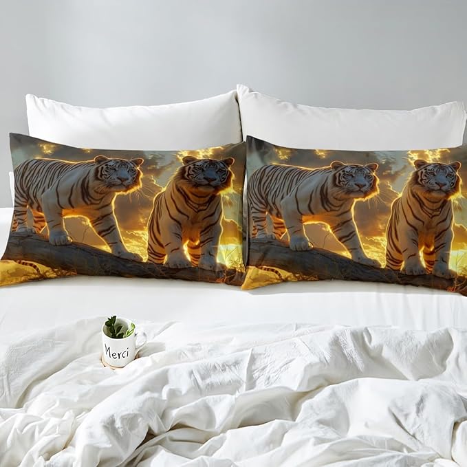 Tiger Kids Fitted Sheet Queen Size,Wild Animals Rustic Farmhouse Tiger Fur Bedding Set,Boys Girls Room Decor,Sunset Hunting Adventure Bed Cover,Brown Country Bed Sheet,2 Pillowcases