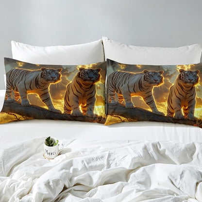 Tiger Kids Fitted Sheet Queen Size,Wild Animals Rustic Farmhouse Tiger Fur Bedding Set,Boys Girls Room Decor,Sunset Hunting Adventure Bed Cover,Brown Country Bed Sheet,2 Pillowcases