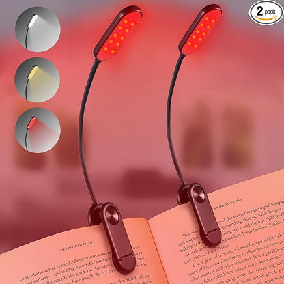 625nm Red Book Light [2 Pack] - Zero Blue Light, Rechargeable Clip On Red Reading Light Lamp for Reading at Night - Poratble Dimmable LED Book Lamp, Gift for Lovers Travel Studying Nursing