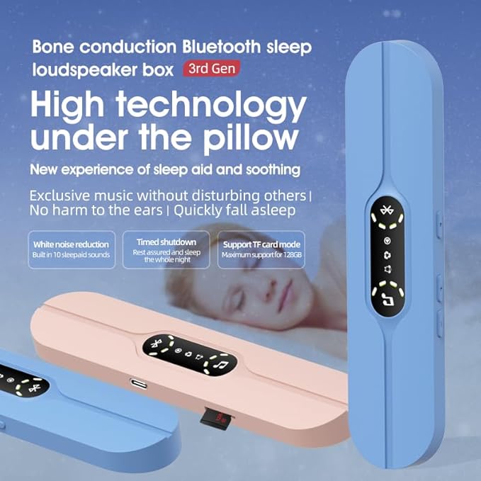 Under-Pillow Speaker for Sleeping - Mini Portable Wireless Bluetooth Bone Conduction, with White Noise & Timer | Supports TF Card, Suitable for Side Sleepers and Sleep Difficulties（Blue）
