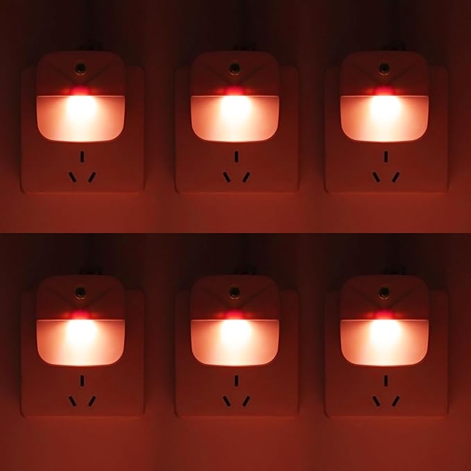 KINUR 6 Pack LED red Night Lights Plug into Wall, Dusk to Dawn Sensor Automatic on and Off, Energy efficient, Soft Glow nightlights for Kids, Nursery, Bedroom, Bathroom, Hallway, Stairs, Kitchen