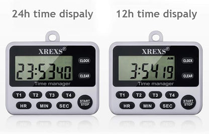 XREXS 4-Channel Digital Kitchen Timer Clock with Large LCD Display, 4 Groups Simultaneous Timing Countdown Up Pocket Timer, Magnetic Attachable (Battery Included)