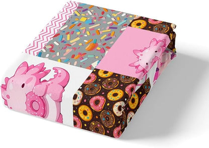 Pink Axolotl Fitted Sheet Twin Size,Sweet Donut Summer Candy Pattern Bedding All-Round Elastic Pocket,Cute Undersea Animal Pink Patchwork Bed Sheet 2 Pieces Fits Mattress(No Flat Sheet)