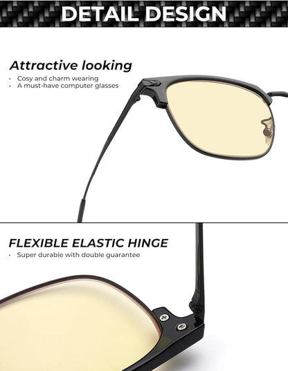 Blue Light Glasses | Men Browline Gaming Glasses | Anti Eye Strain & Migraine Blue Blocker Eyeglasses（Black）