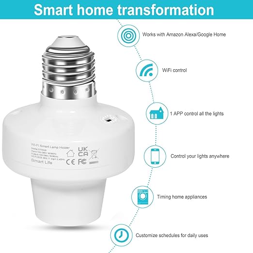 AICase Smart WiFi E27/E26 Light Socket, [2 Pack] Intelligent WLAN Home Remote Control Light Lamp Bulb Holder Compatible with Alexa and Google Home-White
