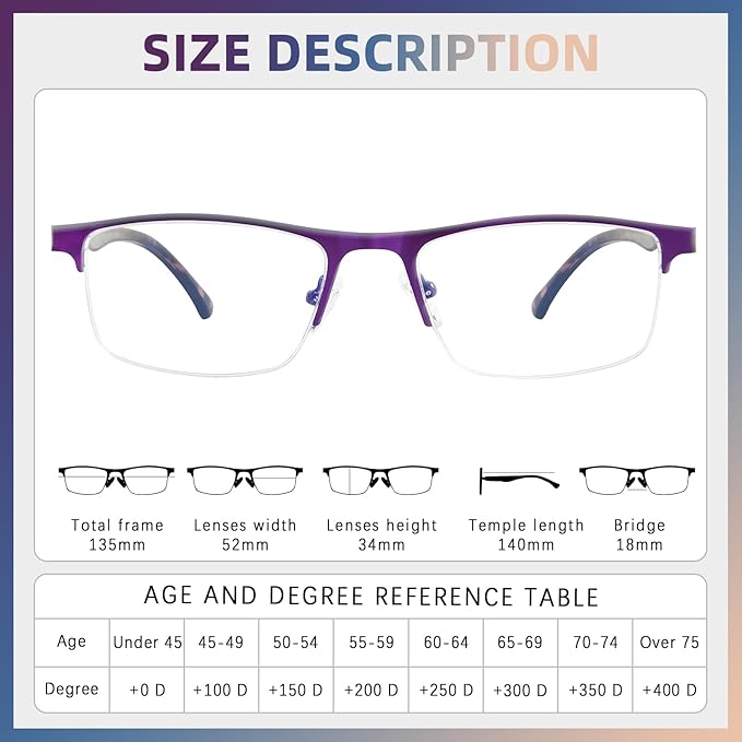 FONHCOO Reading Glasses for Women Men, Blue Light Blocking Reading Glasses Metal Half Frame Computer Readers Anti UV/Glare
