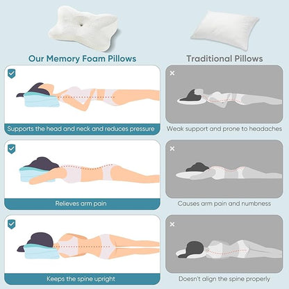 Sweetcrispy Cervical Pillow for Neck and Shoulder - 2 Pack Ergonomic Memory Foam Pillows, Contour Side Sleeper for Adults, Cooling Orthopedic Neck Support for Back Stomach Sleepers, White