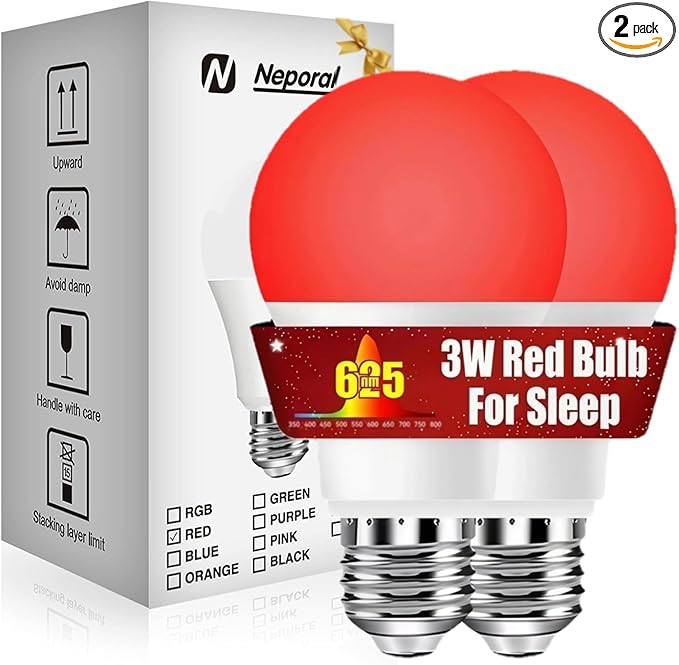 Neporal 625nm 3W Red Light Bulbs for Sleep, 100% Blue Light Blocking Light Bulbs for Melatonin Promoting, A19 LED 40W Equivalent Dim Red Night Light Bulb for Baby Nursery, Sleeping, Reading, 2-Pack