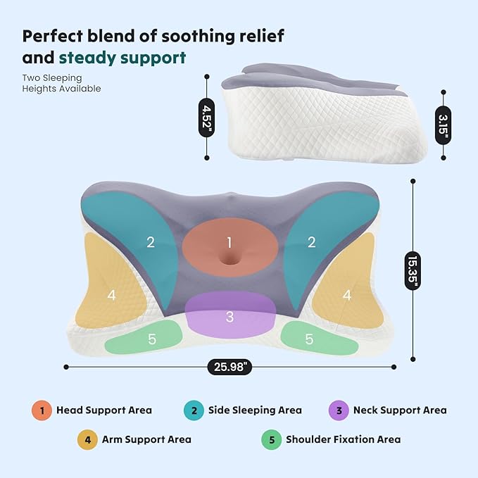DUMOS Cervical Neck Pillow, Cooling Ergonomic Memory Foam Pillows for Neck Pain Relief with Breathable Pillowcase, Dual Height Orthopedic Support Contour Pillow for Side, Back, Stomach Sleepers, Grey