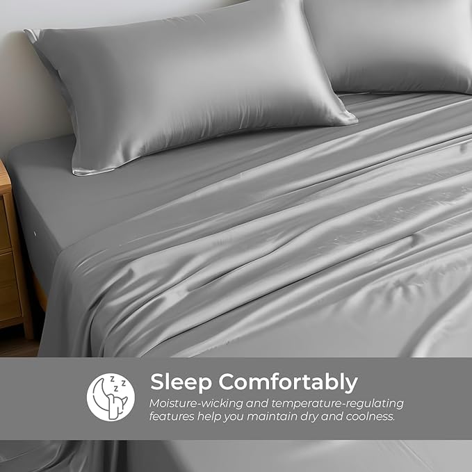 LINENWALAS California King Flat Sheet Only - Rayon Derived from Bamboo Silk Bed Sheet, Premium Cooling, Soft Top Sheet (Cal King, Light Grey)
