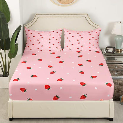 Red Strawberry Kids Fitted Sheet Twin Size,Love Heart Sweet Princess Style Bedding Set,Girls Women Room Decor,Tropical Fruits Strawberry Bed Cover,Pink Romantic Bed Sheet,1 Pillowcase
