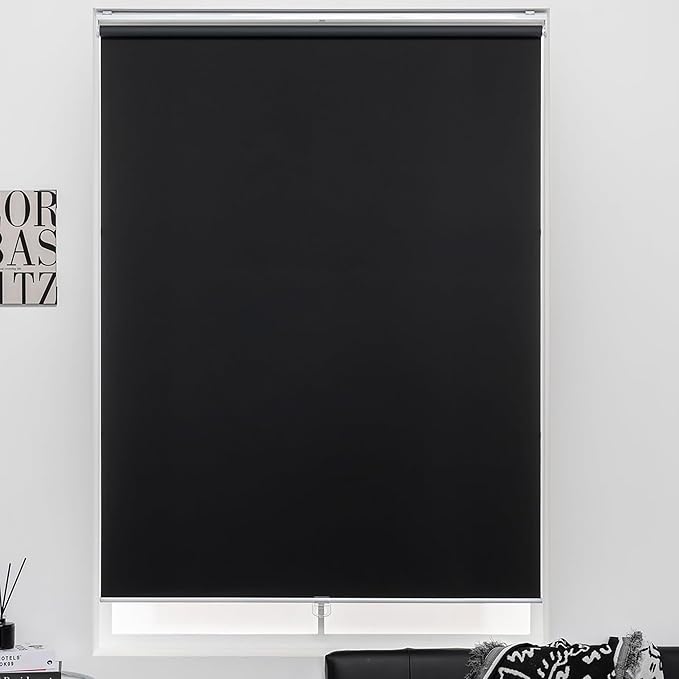 Cordless Roller Shades 100% Blackout Blinds for Windows and Doors, Pull Down Room Darkening Window Shades, Easy to Install for Home and Office, Black, Fixed 75 Inches High, 39 Inches Width