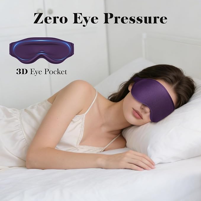 3D Eye Mask Sleep Mask for Men & Women, 100% Pressure-Free & Light Block-Out Eye Mask for Sleep with Easy Adjustable Strap, Night Eye Cover for Travel, Purple