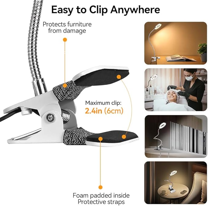Skymore Clip on Light -3 Color Modes&10 Brightness LED Reading Desk Light with Clamp Flexible Gooseneck Book Light for Kids' Bedtime Reading, Zoom Meetings, Clip on Table, Headboard, Dorm&Office Use