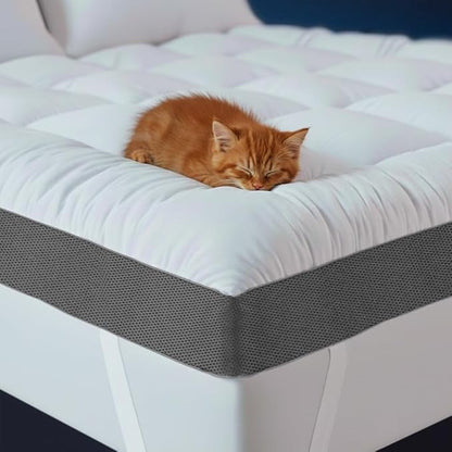 HYPREST 4 Inch Mattress Topper Queen, Thick Cooling Cotton Pillow Top with 2000 GSM Shredded Memory Foam - Soft & Supportive for Back Pain Relief，Non-Slip Bottom