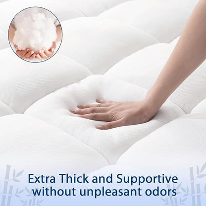 ELEMUSE Twin XL Cooling Bamboo Viscose Mattress Topper for College Dorm, Extra Long Twin Mattress Pad Cover for Back Pain, Soft Pillowtop with Elastic Deep Pocket, Overfilled Down Alternative Filling