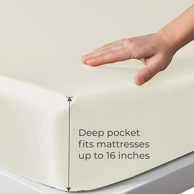 LINENWALAS Fitted Sheet Only Viscose Derived from Bamboo, Bottom Sheet for King Size Bed – 16” Deep Pocket, All Around Snug Fit – Cooling, Breathable, Soft, Hypoallergenic (Ivory, King)