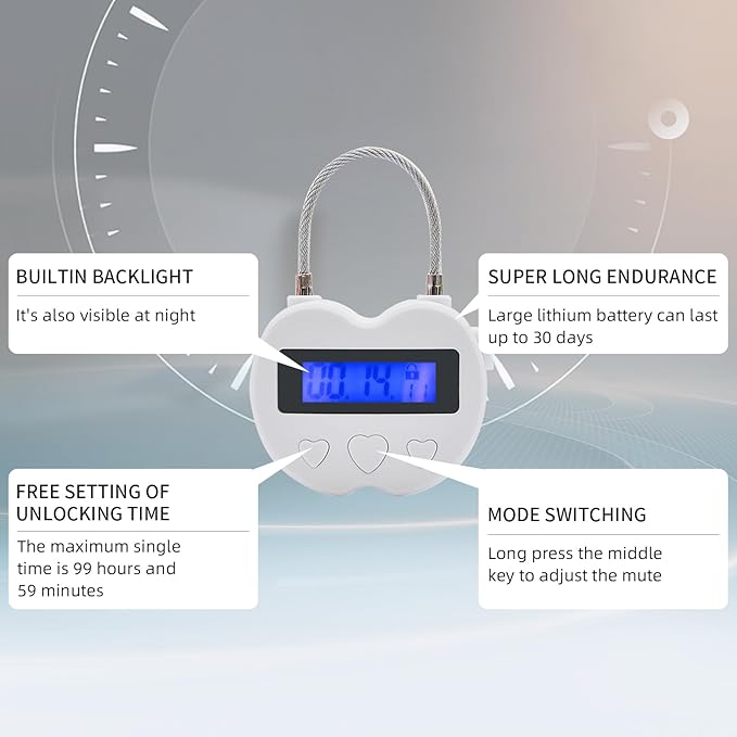 Heart Metal Timer Lock, USB Rechargeable Timer Compact Padlock with 1m Spring Cord, Up to 99 Hours Timed Self-Regulation Anti-Addiction Timer Padlock (White)