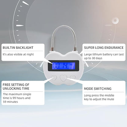 Heart Metal Timer Lock, USB Rechargeable Timer Compact Padlock with 1m Spring Cord, Up to 99 Hours Timed Self-Regulation Anti-Addiction Timer Padlock (White)
