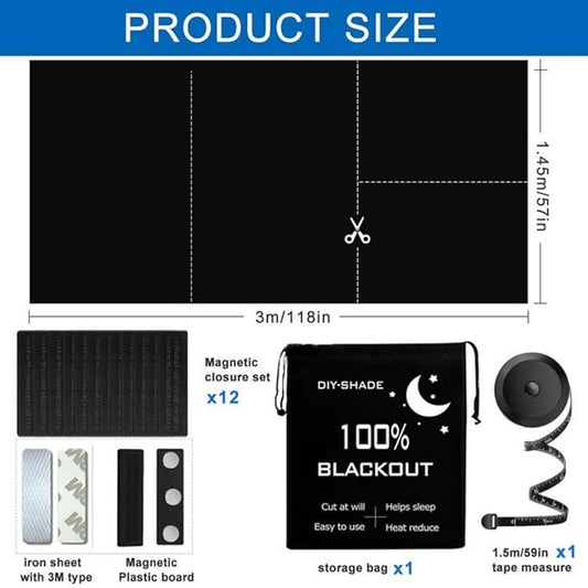 100% Blackout Blind Magnetic Window Cover 118 x 57Inch,No Drill,Cut Any Size/Shape,Portable Black Out Shades Curtains for Nursery Bedroom,Rv,Media Room with Magnetic Closure
