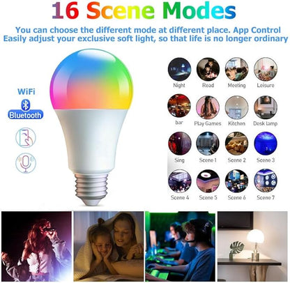 4 Pack Smart Light Bulbs,WiFi & Bluetooth LED Light Bulb That Works with Alexa & Google Home, Color Changing Light Bulb, 10W A19 E26 2.4Ghz WiFi Light Bulbs 60 watt Equivalent, 800lm Dimmable