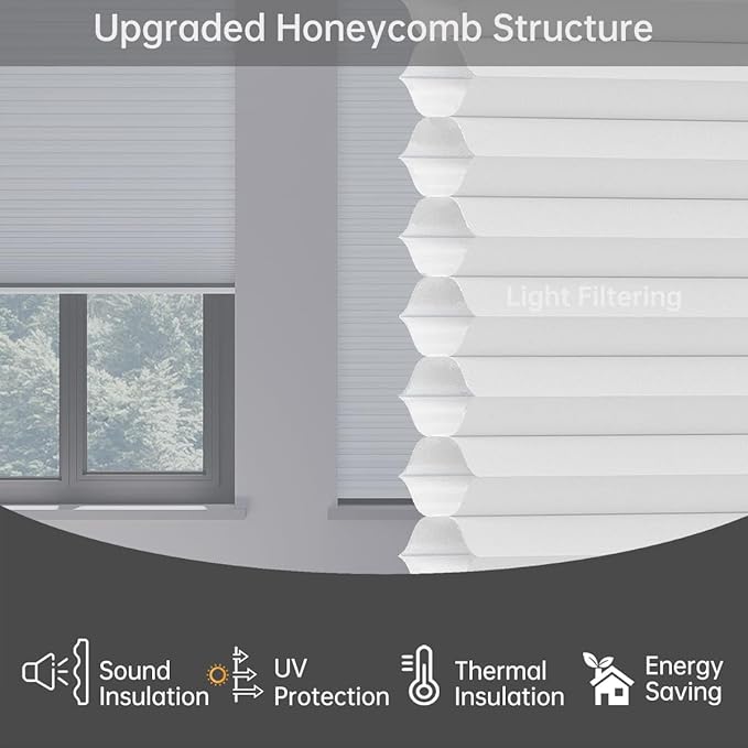 Cellular Shades Light Filtering Honeycomb Blinds for Indoor Windows, Cordless Cellular Shades 1.5 inch Cell Pleated for Bedroom Home Office, Custom Size, Half Shading Crystal White
