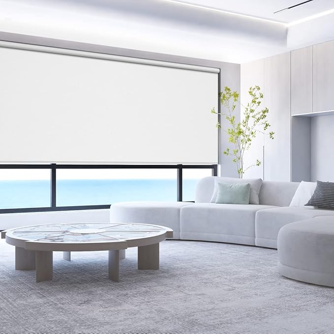 ZSHINE Motorized Blackout Window Blinds Over-Size Customize Width (21-114 Inches) Remote Control Wireless and Rechargeable Motor Roller Shades Blinds for Windows(White)