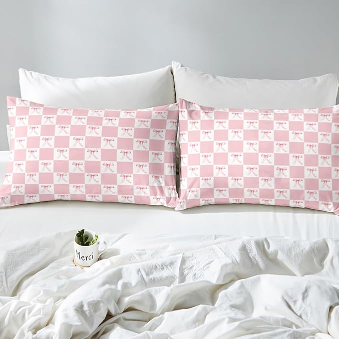 Manfei Pink Bowknot Fitted Sheet Queen Size Dreamy Bow Geometric Plaids Patchwork Bedding Sheet Set,Princess Style Bow-tie Girly Pink White Bed Cover Ultra Soft Breathable Bedding 3 Pcs