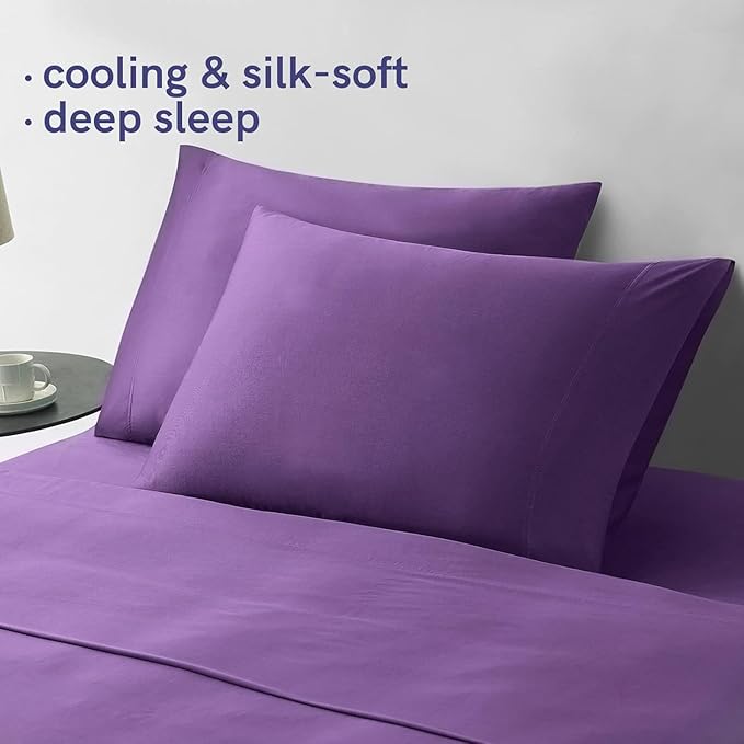 YnM Cooling Bed Sheet Set with 100 Percent Rayon Derived from Bamboo, 400TC Fabric with 2 Pillowcases and Flat Sheet, Deep Pocket Fit 19'', Silky-Soft & Sweat Wicking, 4 Piece (Full, Lavender Purple)
