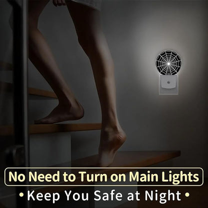 Black Spider Web Plug-in Led Night Light with Auto Dusk to Dawn Sensor for Boys Girls Room Decor, Wall Lamp Nightlights for Hallway,Bedroom, Kids Room, Kitchen, Stairway, (0.5W, 2 Pack)